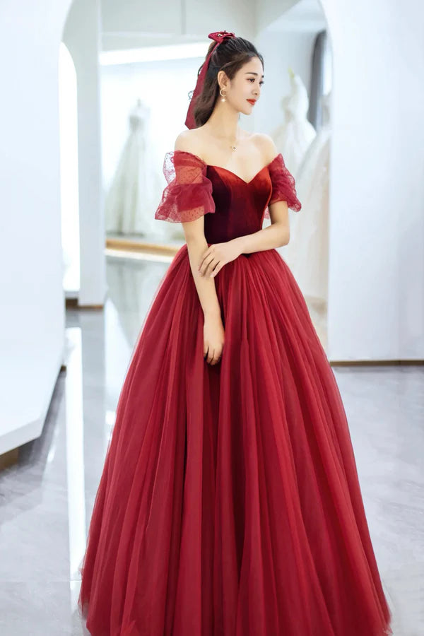 Wholesale Elegant Tulle and Velvet Long Prom Dress Off the Shoulder A-Line Evening Party Dress